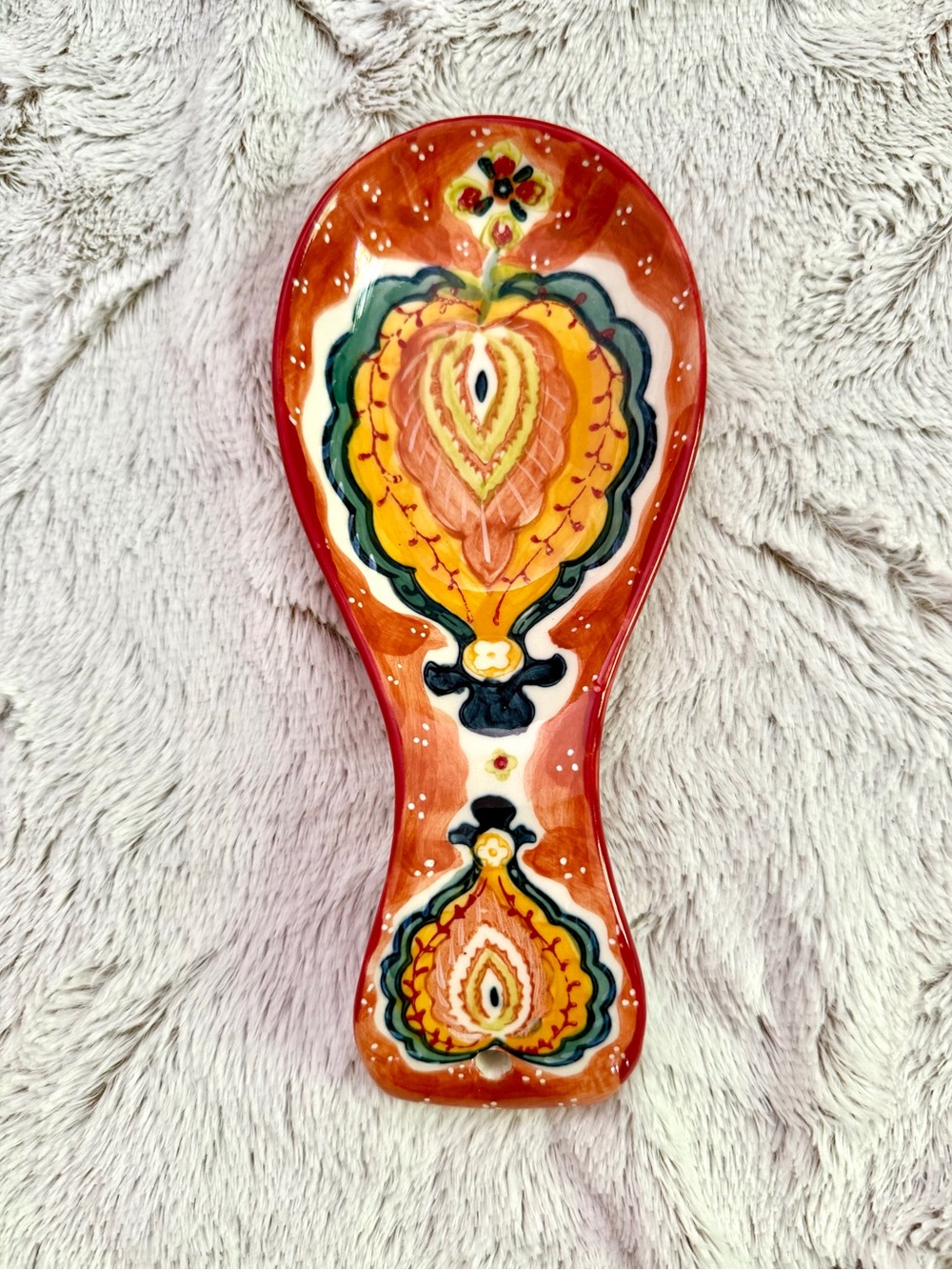 Anthropologie Hand-Painted Ceramic Spoon Rest in Orange, Yellow, Green, Black